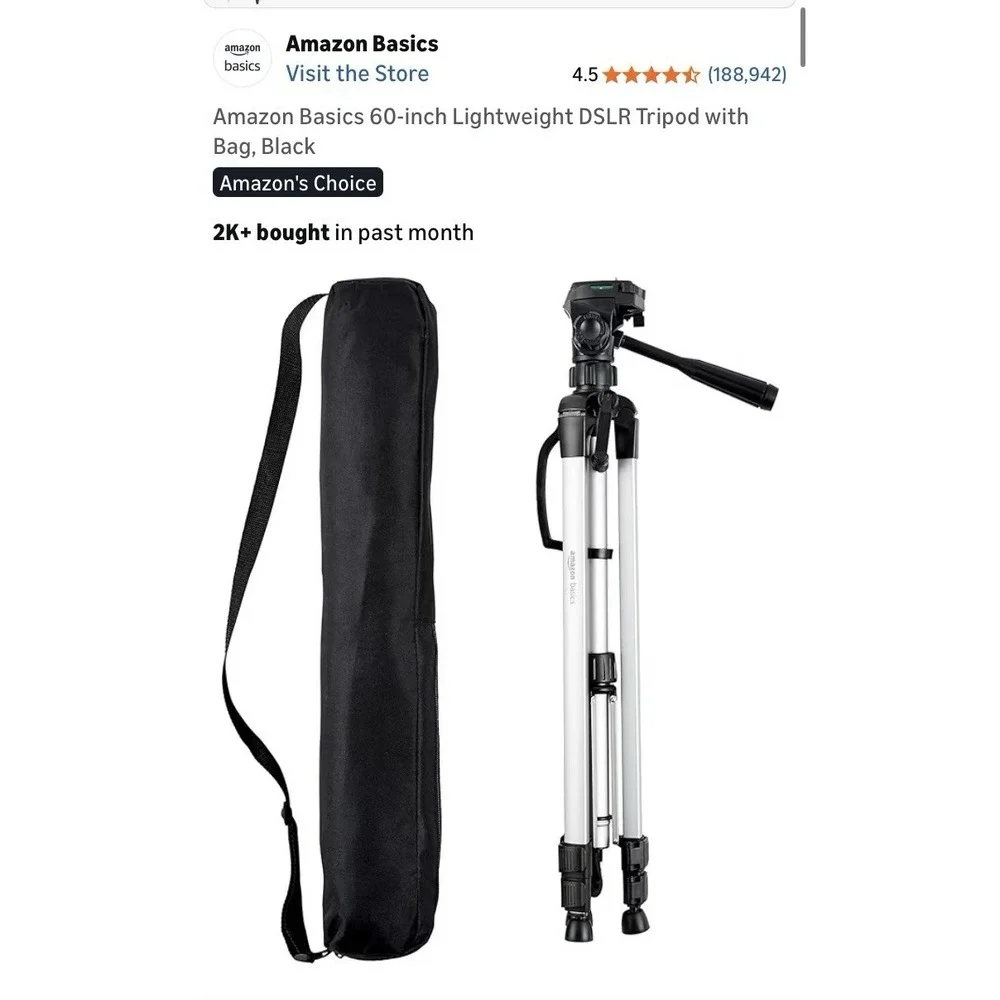 Amazon Basics 60-Inch DSLR Lightweight Tripod For Camera, Phone With Bag, Black